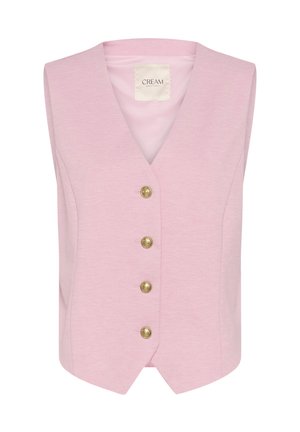 Mouwloos roze vest met een V-halsontwerp, voorzien van gouden knopen aan de voorkant en een gladde textuur. Het label vermeldt "CREAM."