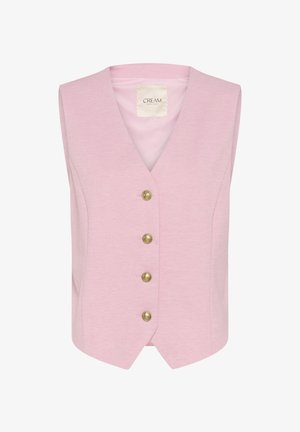 Bezroku rozā veste ar V-veida kakla izgriezumu, priekšpusē ar zelta pogām un gludu tekstūru. Etiķete norāda "CREAM".