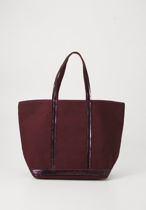 Bolsa tote em bordeaux com dois brilhantes acentos de lantejoulas roxas escuras e alças. O tecido é resistente com uma forma retangular simples.