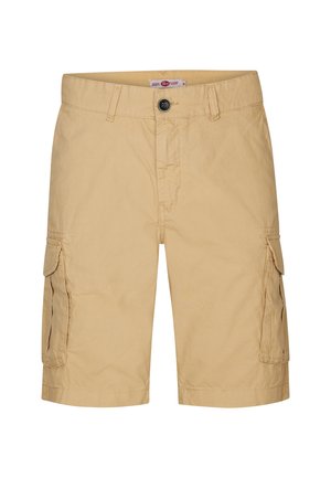 Tan cargo shorts met een vlakke voorkant, twee zijzakken en subtiele stikdetails. Gemaakt van lichtgewicht, duurzaam materiaal.