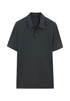 Donkergrijze polo met korte mouwen van een gladde stof, met een klassieke kraag, knoopsluiting en een rechte zoom. Geen patronen of accents.