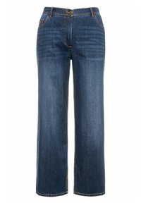 Dark blue denim jeans with a straight-leg design, front pockets, a zip fly, and visible contrasting stitching.