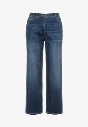 Dunkelblaue Denim-Jeans mit geradem Schnitt, Vordertaschen, Reißverschluss und sichtbaren kontrastierenden Nähten.