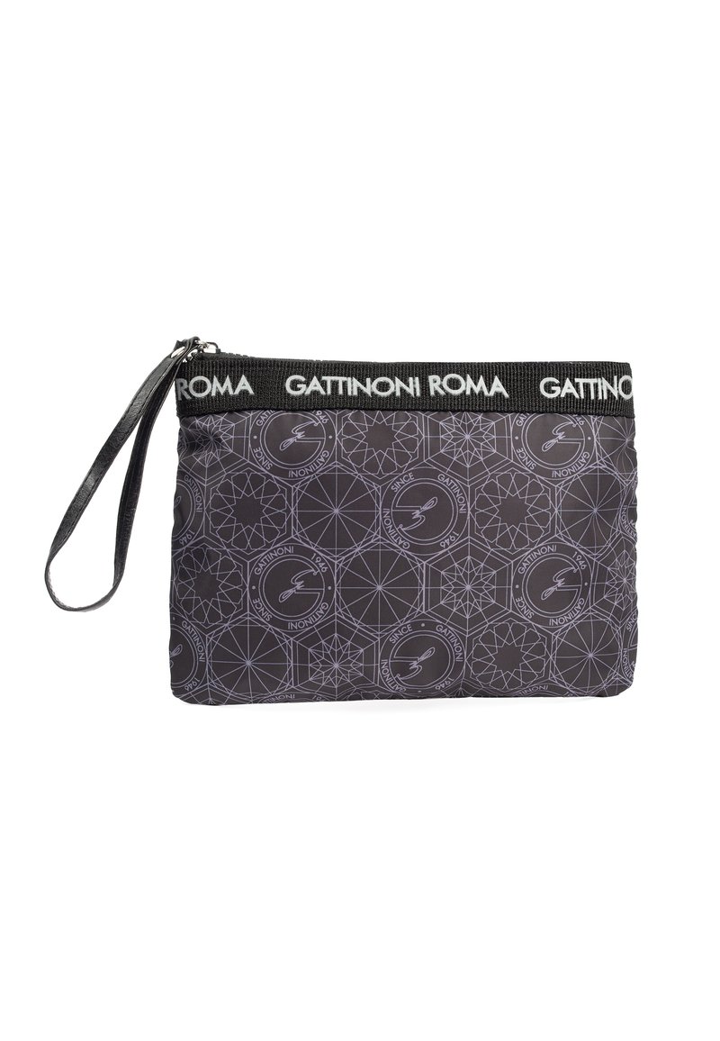 Borsetta nera con un motivo geometrico e il marchio Gattinoni Roma sulla fascia superiore; presenta una maniglia per il polso e una chiusura con cerniera.