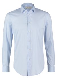 Camicia a maniche lunghe azzurro chiaro in cotone con colletto button-down. Presenta bottoni frontali, orlo curvo e maniche fitted.