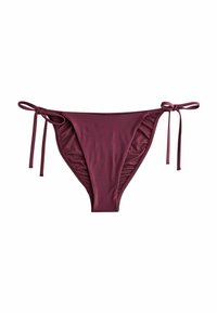 Dno bikini w intensywnym burgundzie, wykonane z gładkiego materiału. Posiada boczne wiązania oraz falbaniaste krawędzie dla lepszego dopasowania i stylu.
