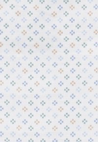 Baumwollstoff mit einem weißen Hintergrund, der ein sich wiederholendes Muster kleiner, bunter Blumenformen in Blau, Grün und Orange zeigt.