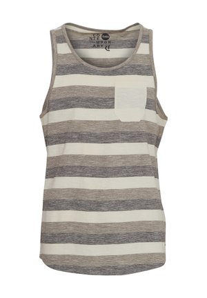 Csíkos ujjatlan felső szürke és krém színben, könnyű anyagból készült, mellzsebbel és lekerekített szegéllyel.