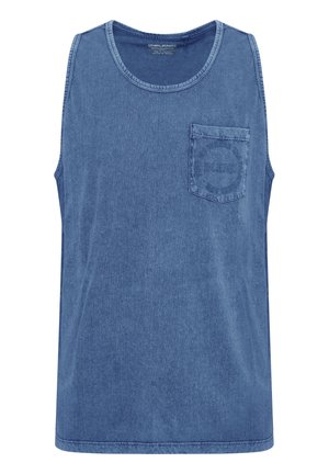 Denimblå ærmeløs tanktop med rund halsudskæring. Har en frontlomme og subtil reliefferet branding. Blødt, struktureret stof.
