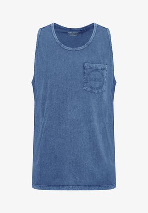 Denimblaues, ärmelloses Tanktop mit Rundhalsausschnitt. Verfügt über eine Vorderentasche und subtile eingeprägte Markenlogo. Weicher, texturierter Stoff.
