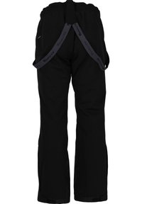 Svarta snöbyxor med justerbara hängslen, elastisk midja och vida benöppningar för utomhusaktiviteter på vintern.