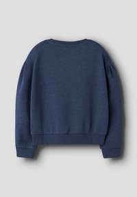 Felpa blu navy, tessuto testurizzato, design cropped, scollo rotondo, polsini e orlo a coste. Presenta spalle scese e senza design frontale.