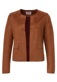 Brun mockajacka med rund halsringning, vertikal öppning framtill, två framfickor och sömdetaljer. T exurerat, mjukt material.