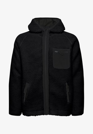 Crni polar jaket s patentnim zatvaračem i kapuljačom. Ima džep na prsima s patentnim zatvaračem i dva bočna džepa. Mekana tekstura i opušteni kroj.