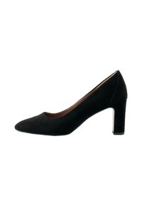 Black suede high heel pump with a pointed toe, smooth texture, and a chunky heel featuring a metallic accent on the base.