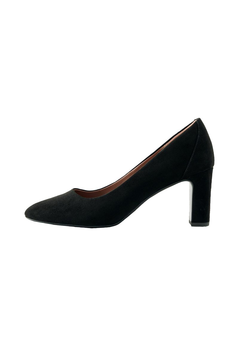 Black suede high heel pump with a pointed toe, smooth texture, and a chunky heel featuring a metallic accent on the base.