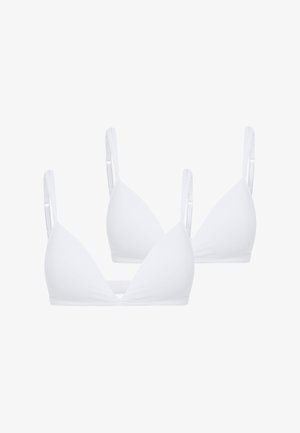 Kaksi valkoista saumattomien kolmioliivien paria, joissa on säädettävät olkaimet, esitettynä vierekkäin valkoisella taustalla.