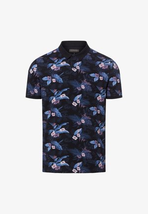 Ciemna koszulka polo z czarnym kołnierzem, ozdobiona niebiesko-różowym tropikalnym wzorem kwiatów i liści.