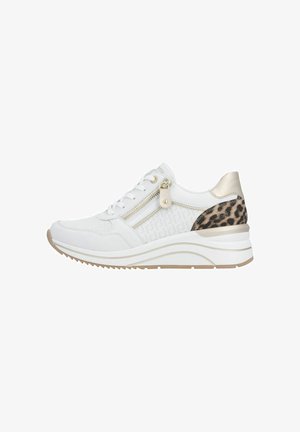 White wedge sneaker with gold zipper and leopard print detail on heel, beige sole, and lace-up front.