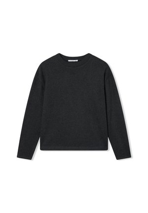 Czarnoszary, długi sweter z długim rękawem i okrągłym dekoltem. Wykonany z miękkiego materiału, o luźnym kroju i ściągaczach na rękawach. Bez wzorów ani akcentów.