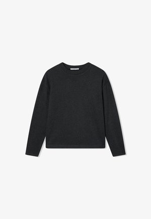 Maglione grigio scuro a maniche lunghe con scollo rotondo. Realizzato in un materiale morbido, presenta una vestibilità rilassata e polsini a coste. Senza fantasie o dettagli.