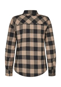 Chemise à carreaux marron et noir avec des manches longues, des poignets à boutons, un col et un ourlet arrondi ; fabriquée en tissu tissé avec une finition texturée.