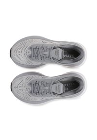 Gray athletic shoes with a mesh upper, perforated design for breathability, prominent laces, and a white cushioned sole.