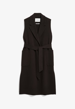 Schwarze ärmellose Weste aus Wollmischung mit schmalem Revers, taillierter mit Gürtel und zwei großen Fronttaschen in glatter Textur.