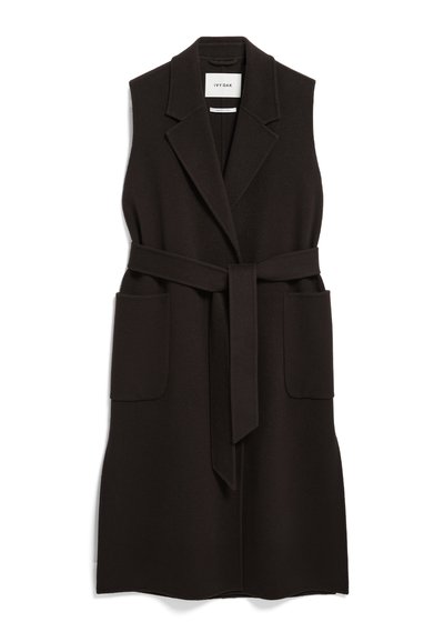 Zwarte mouwloze vest in een wolmix, met een geknipt revers, ceintuur in de taille en twee voorzakken met een gladde textuur.