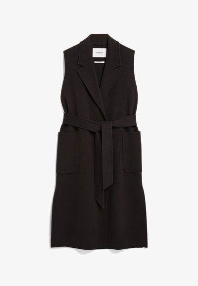 Zwarte mouwloze vest in een wolmix, met een geknipt revers, ceintuur in de taille en twee voorzakken met een gladde textuur.