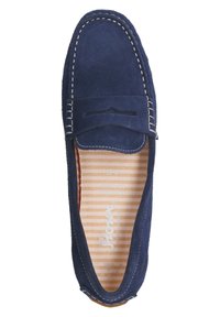 Blue suede moccasin shoe with white stitching, a flat design, and a striped inner lining. Features a classic, slip-on style.