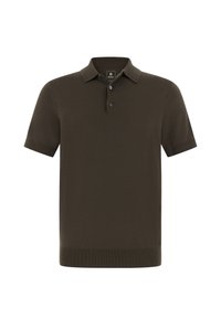 Ciemnozielona koszulka polo z krótkim rękawem wykonana z gładkiej tkaniny, z kołnierzykiem, patką na trzy guziki oraz prążkowanym dołem i mankietami.
