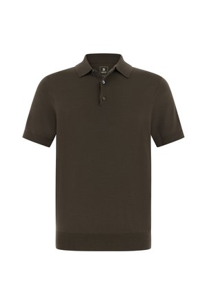 Tmavě zelené polotriko s krátkými rukávy vyrobené z hladké látky, s límečkem, zapínáním na tři knoflíky a žebrovaným lemem a manžetami.