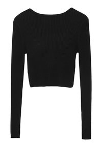 Top corto a maniche lunghe a costine nera con scollo rotondo, caratterizzato da un design aderente e una texture liscia.