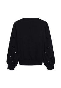 Felpa nera con scollatura rotonda, polsini delle maniche texture e perline decorative lungo le maniche. Tessuto morbido con una vestibilità rilassata.