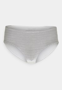 Fundo de biquíni de cintura alta com riscas horizontais pretas e brancas, design sem costuras e textura suave. Apresenta uma cintura lisa.