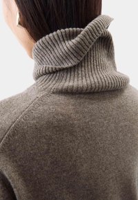 Grauer Rollkragenpullover mit strukturiertem geripptem Kragen. Weiches Material mit glatter Optik und minimalistischen Design.
