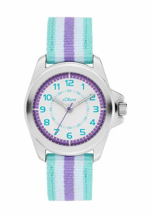 Children's analog wristwatch with silver case, white dial, turquoise and purple numbers, and striped fabric strap in turquoise, white, and purple.