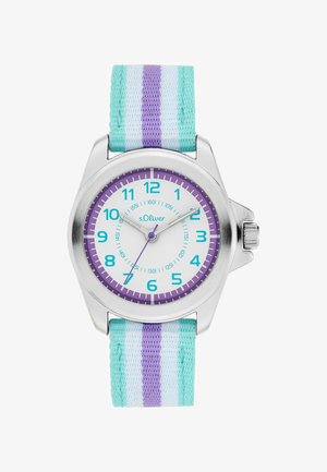 Analoge Kinderarmbanduhr mit silbernem Gehäuse, weißem Zifferblatt, türkisfarbenen und lila Zahlen sowie einem gestreiften Stoffarmband in Türkis, Weiß und Lila.