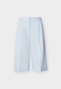 Ανοιχτό μπλε παντελόνι cropped, υψηλής μέσης, φαρδύ στο πόδι, με θηλιές για ζώνη και πιέτες εμπρός, εμφανιζόμενο σε απλό λευκό φόντο.