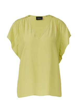 Short-sleeve, V-neck top in light yellow. Features soft, smooth fabric with gathered detailing at shoulders and a loose fit.