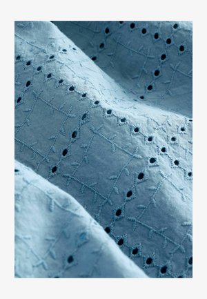 Gaiši zils audums ar sarežģīti izšūtiem rakstiem, kuros ir mazi izgriezumi un tumšāki akcenti. Tekstūra šķiet maiga un viegla.