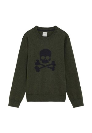 Jersey verde oscuro de manga larga con cuello redondo y diseño negro de calavera y huesos cruzados en la parte delantera.
