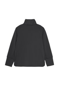 Svart sweatshirtjacka med hög krage. Har långa raglanärmar och en mjuk textur. Inga synliga mönster eller detaljer.