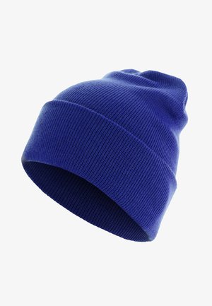Aizsargājošs, spilgti zils adīts cepure, cilindriskā formā ar ribotu tekstūru, apakšā ar salocītu maliņu. Mīksts, elastīgs materiāls.