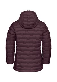 Giacca a vento bordeaux con cappuccio, caratterizzata da un design trapuntato, una texture elegante e un dettaglio del logo sul lato sinistro in basso.