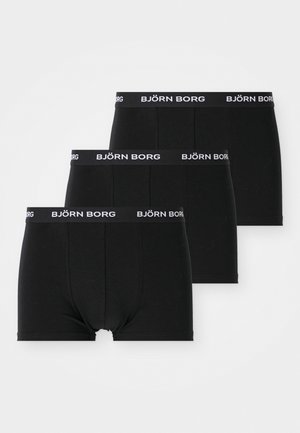 Schwarze Baumwoll-Boxershorts mit einem weißen "BJÖRN BORG" Logo-Bund. Das Set umfasst drei Paar und zeichnet sich durch eine glatte Textur sowie ein enganliegendes Design aus.