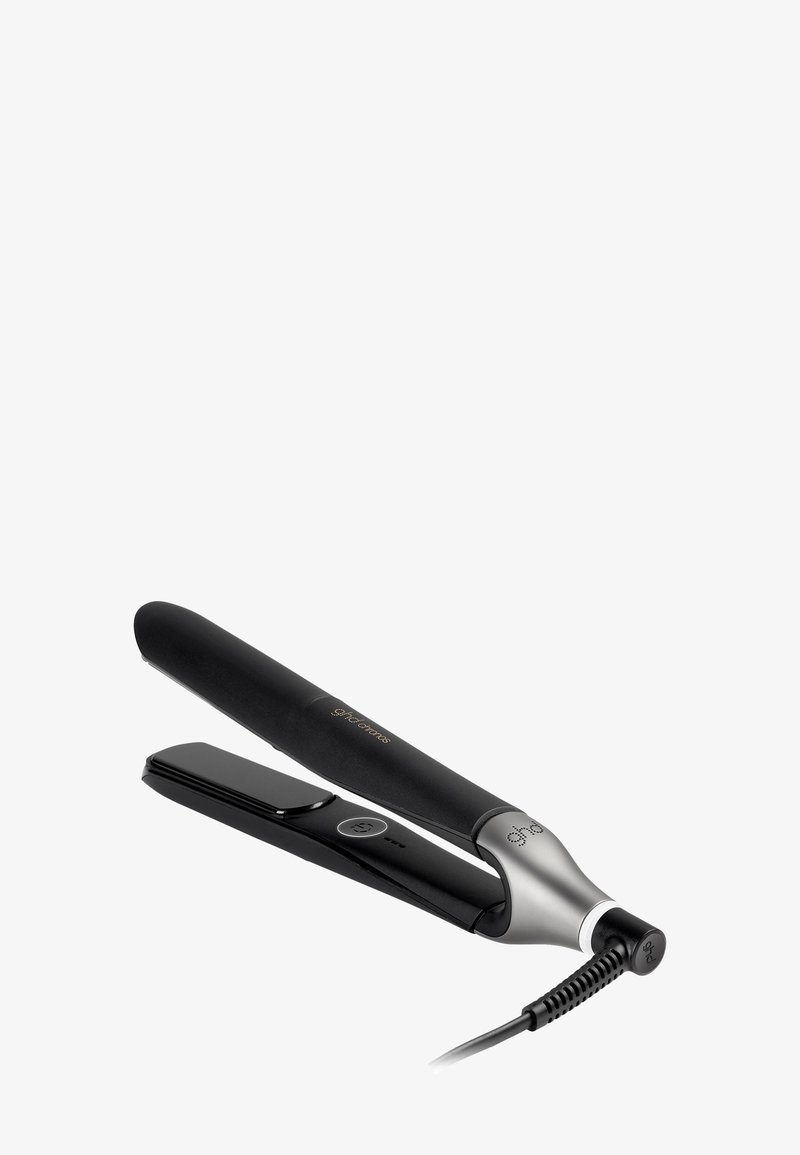 Zwarte en zilveren elektrische haar stijltang met ronde platen en een aan/uit-knop, verbonden met een zwart stroomkabel.