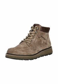 Stivali ankle in suede marrone con finitura testurizzata, Punta rotonda e allacciatura frontale. Caratterizzati da una suola in gomma e dettagli di cucitura discreti.