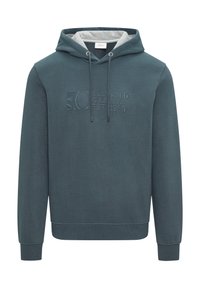 Hoodie teal avec une doublure intérieure grise contrastante, arborant un logo en relief à l'avant, des cordons de serrage ajustables et des poignets côtelés.